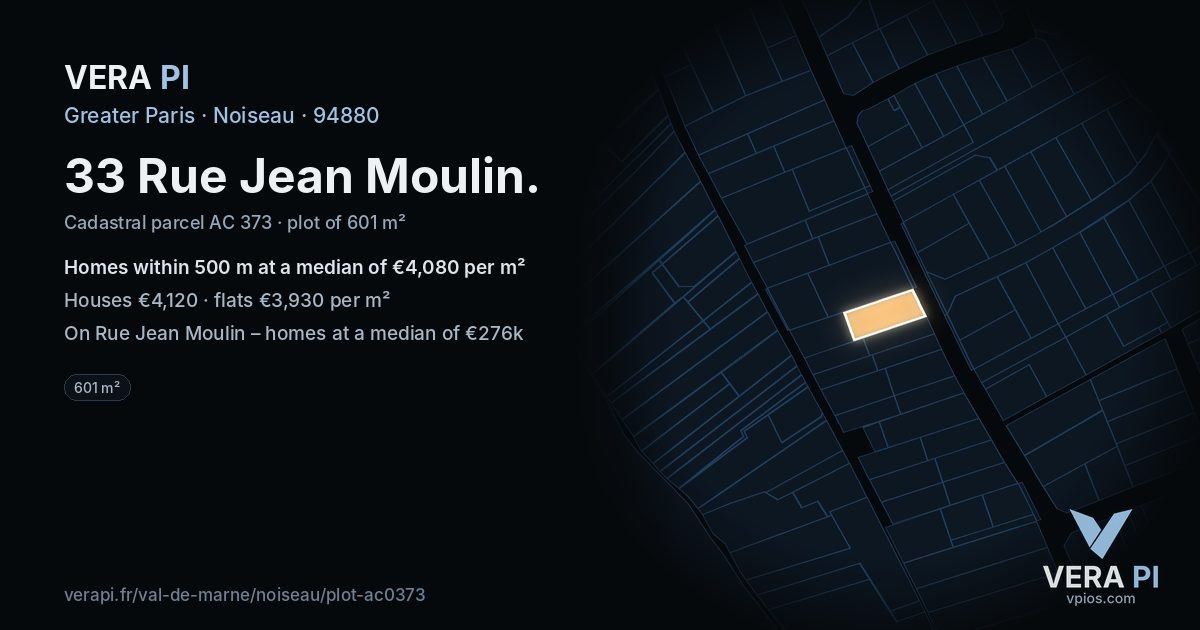 33 Rue Jean Moulin, Noiseau at night – the plot lit, the parcels around coloured by the prices near them