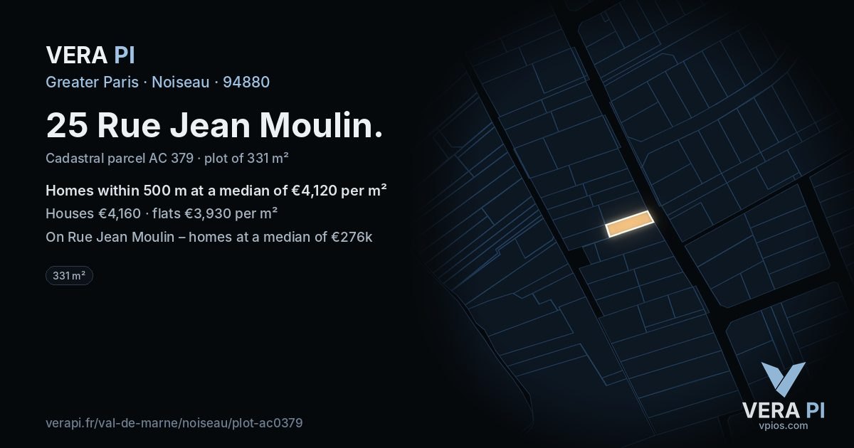 25 Rue Jean Moulin, Noiseau at night – the plot lit, the parcels around coloured by the prices near them