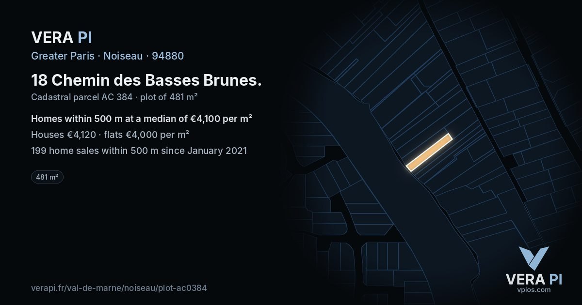 18 Chemin des Basses Brunes, Noiseau at night – the plot lit, the parcels around coloured by the prices near them