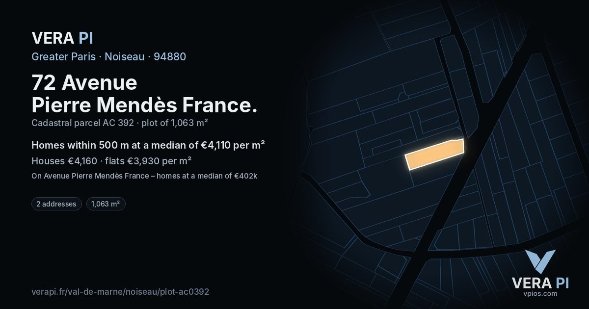72 Avenue Pierre Mendès France, Noiseau at night – the plot lit, the parcels around coloured by the prices near them
