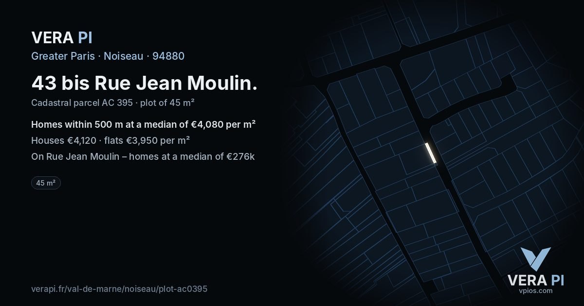 43 bis Rue Jean Moulin, Noiseau at night – the plot lit, the parcels around coloured by the prices near them