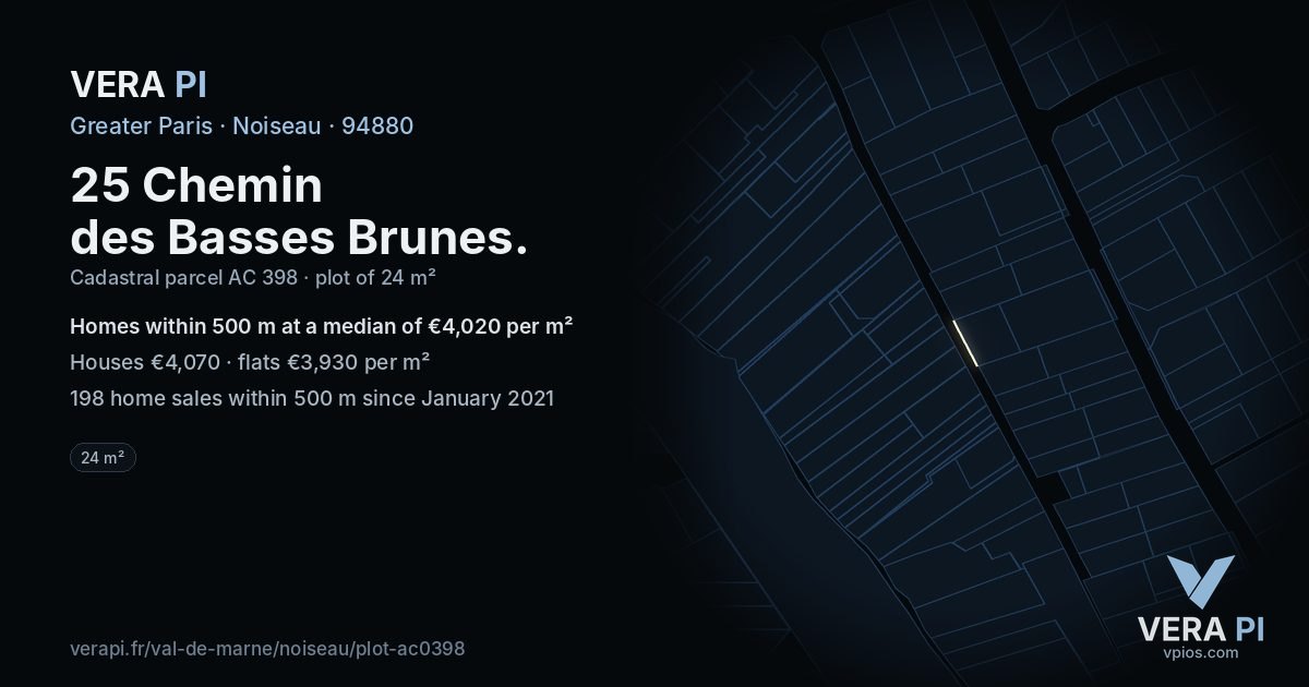 25 Chemin des Basses Brunes, Noiseau at night – the plot lit, the parcels around coloured by the prices near them