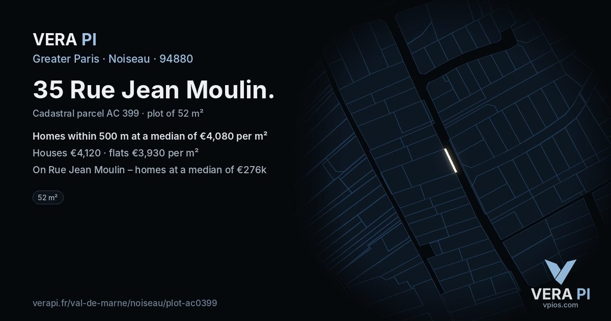 35 Rue Jean Moulin, Noiseau at night – the plot lit, the parcels around coloured by the prices near them