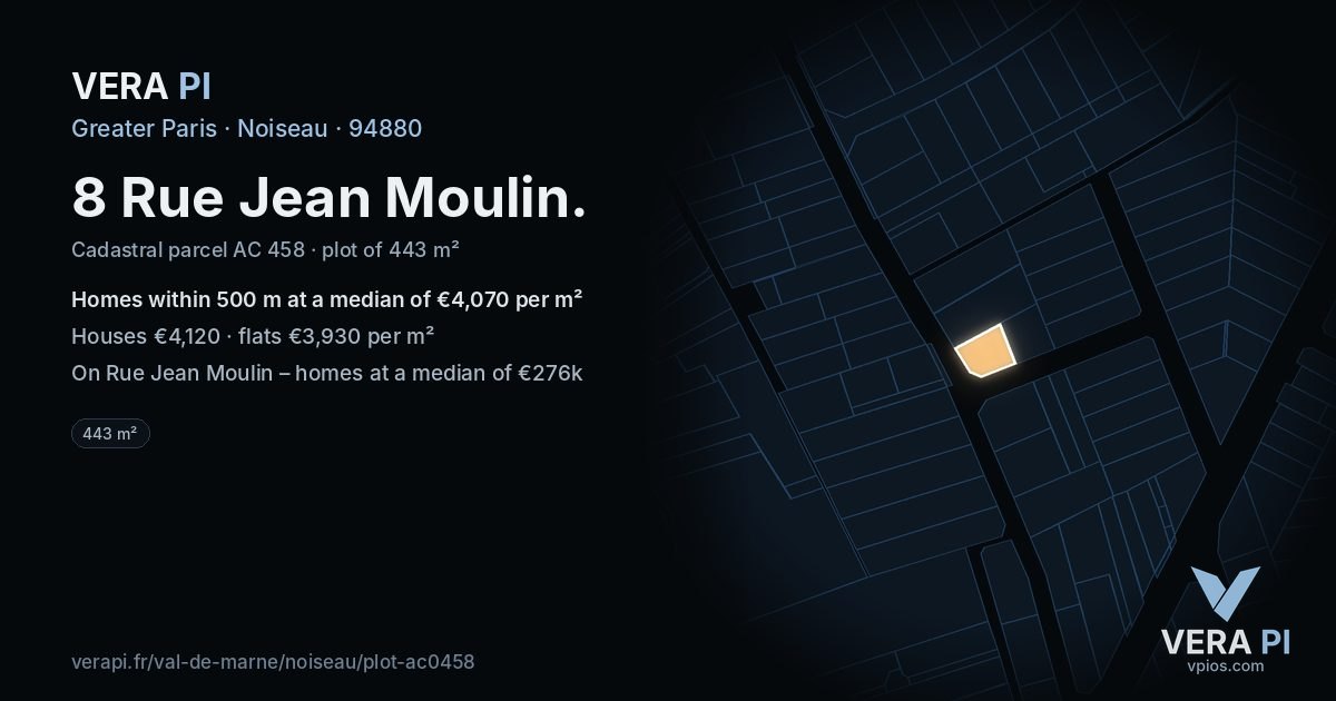 8 Rue Jean Moulin, Noiseau at night – the plot lit, the parcels around coloured by the prices near them