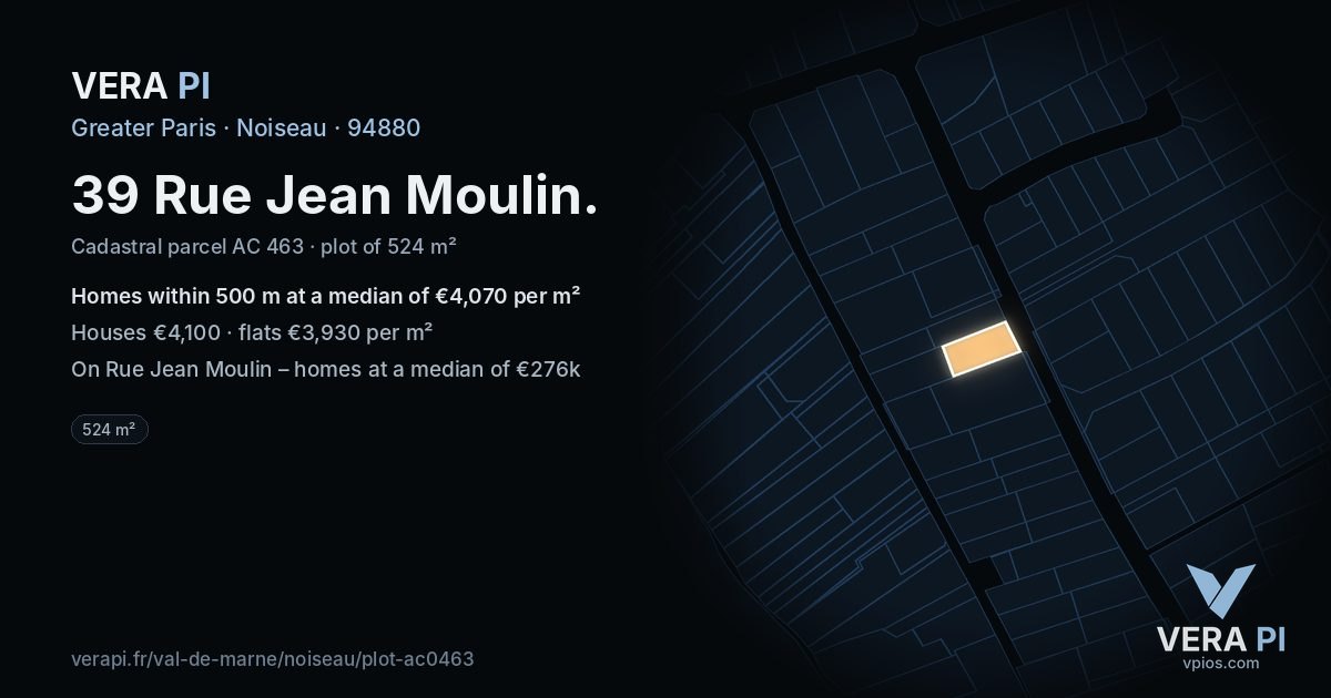 39 Rue Jean Moulin, Noiseau at night – the plot lit, the parcels around coloured by the prices near them