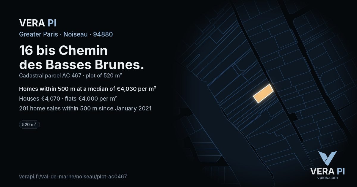 16 bis Chemin des Basses Brunes, Noiseau at night – the plot lit, the parcels around coloured by the prices near them