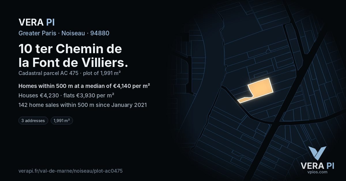 10 ter Chemin de la Font de Villiers, Noiseau at night – the plot lit, the parcels around coloured by the prices near them