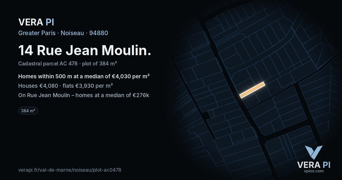 14 Rue Jean Moulin, Noiseau at night – the plot lit, the parcels around coloured by the prices near them