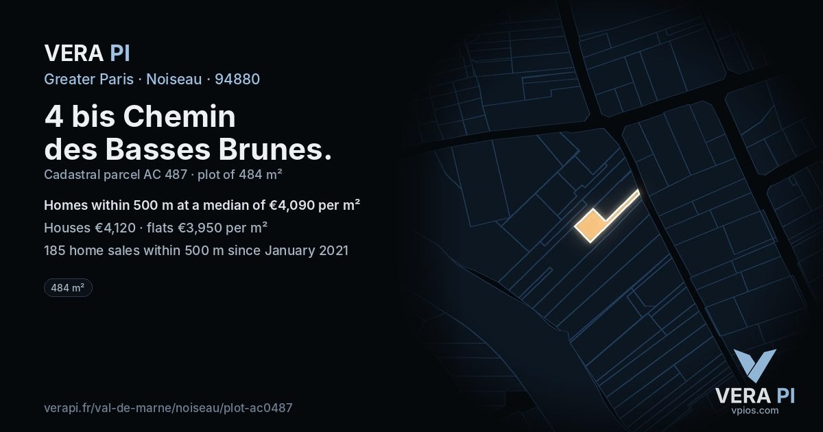 4 bis Chemin des Basses Brunes, Noiseau at night – the plot lit, the parcels around coloured by the prices near them