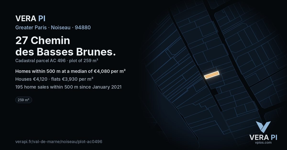 27 Chemin des Basses Brunes, Noiseau at night – the plot lit, the parcels around coloured by the prices near them