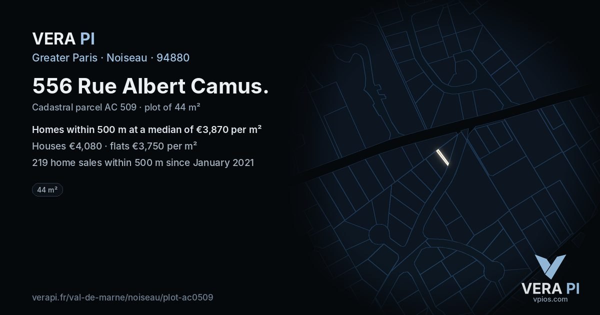 556 Rue Albert Camus, Noiseau at night – the plot lit, the parcels around coloured by the prices near them