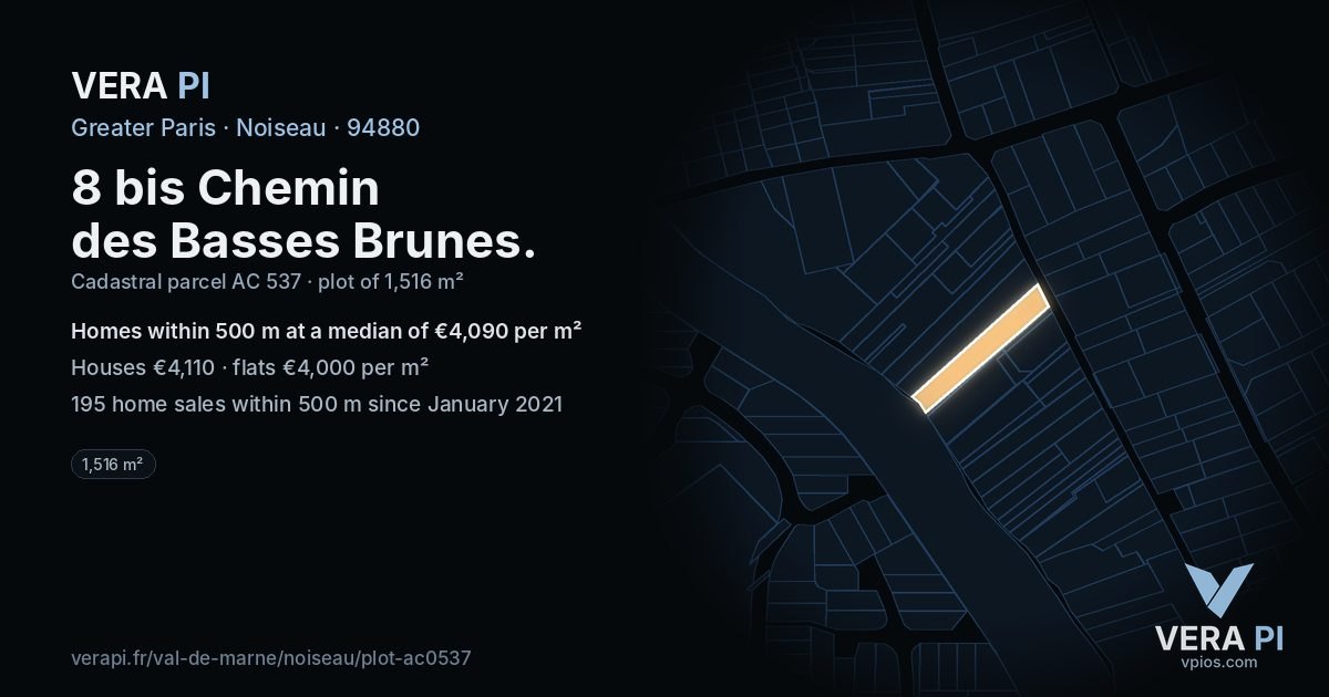 8 bis Chemin des Basses Brunes, Noiseau at night – the plot lit, the parcels around coloured by the prices near them