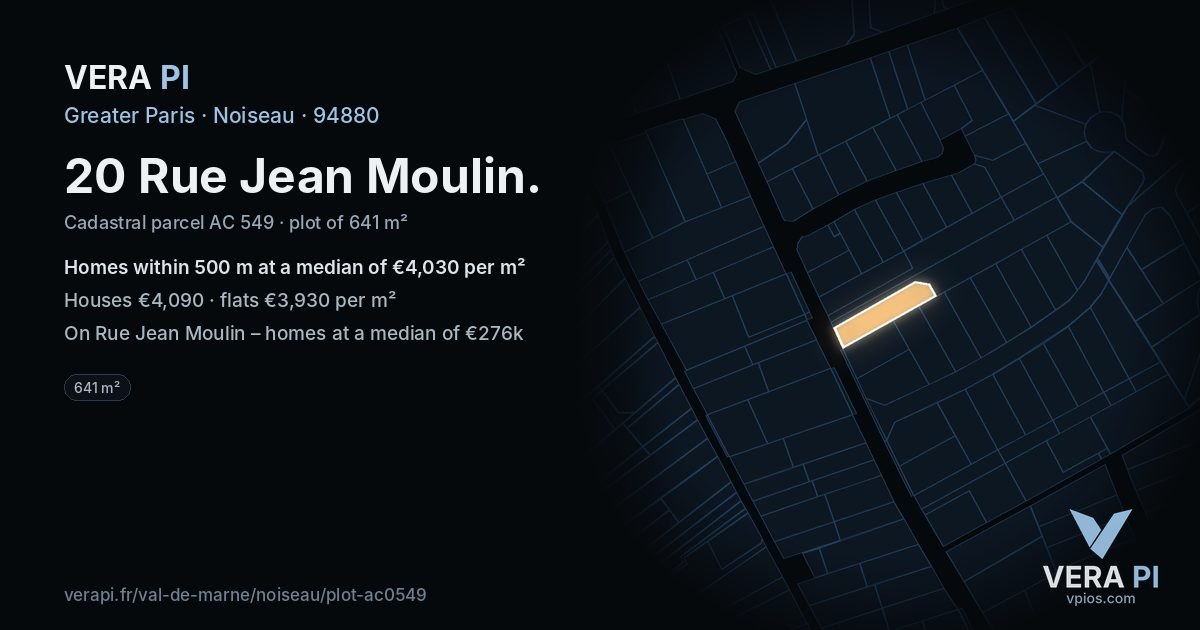 20 Rue Jean Moulin, Noiseau at night – the plot lit, the parcels around coloured by the prices near them
