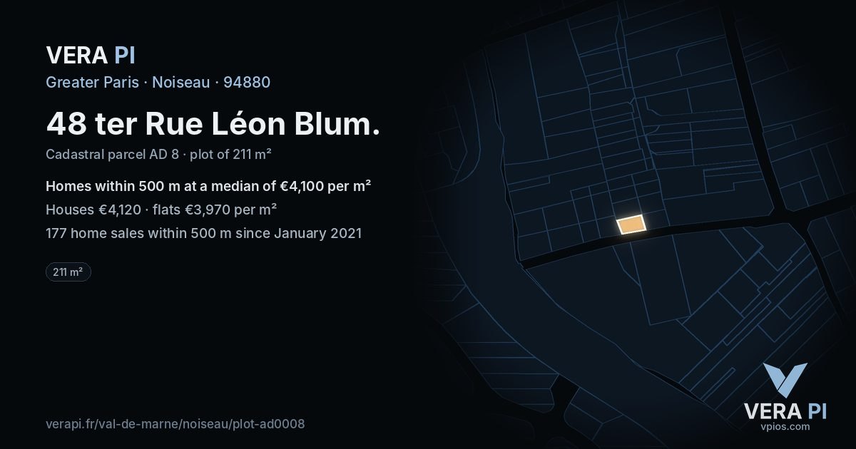 48 ter Rue Léon Blum, Noiseau at night – the plot lit, the parcels around coloured by the prices near them