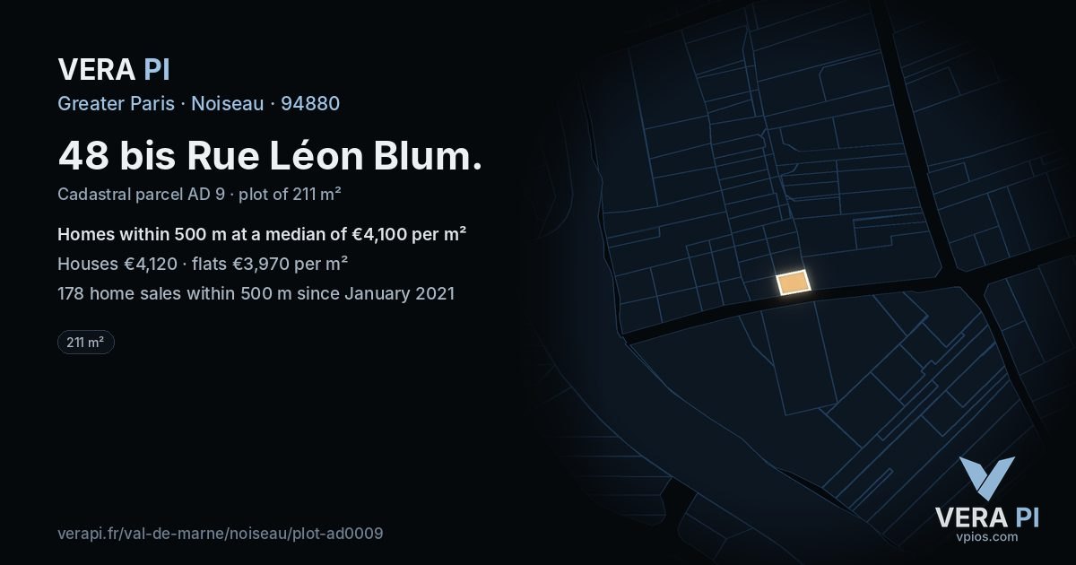 48 bis Rue Léon Blum, Noiseau at night – the plot lit, the parcels around coloured by the prices near them