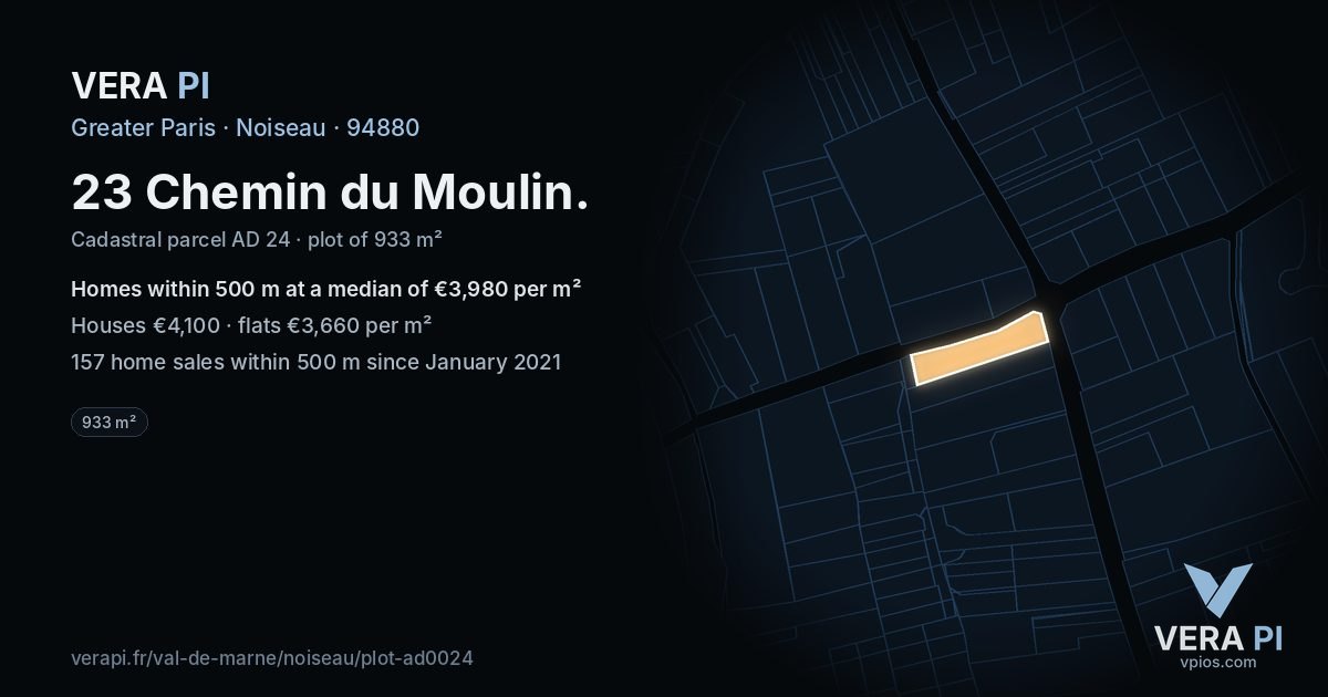 23 Chemin du Moulin, Noiseau at night – the plot lit, the parcels around coloured by the prices near them