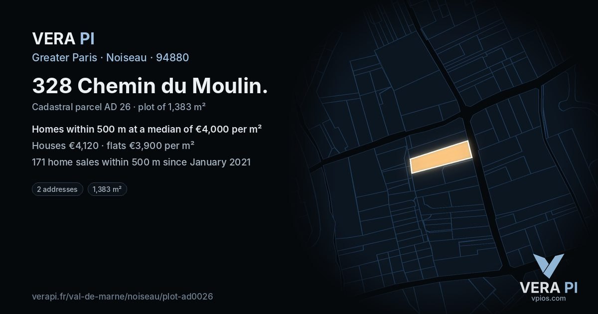 328 Chemin du Moulin, Noiseau at night – the plot lit, the parcels around coloured by the prices near them