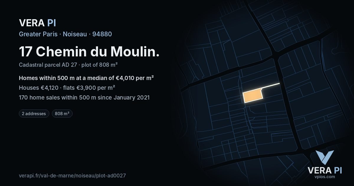 17 Chemin du Moulin, Noiseau at night – the plot lit, the parcels around coloured by the prices near them