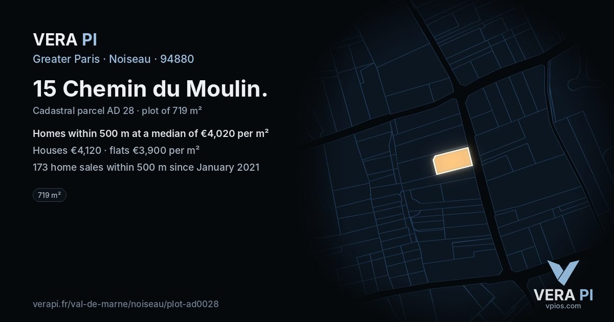 15 Chemin du Moulin, Noiseau at night – the plot lit, the parcels around coloured by the prices near them