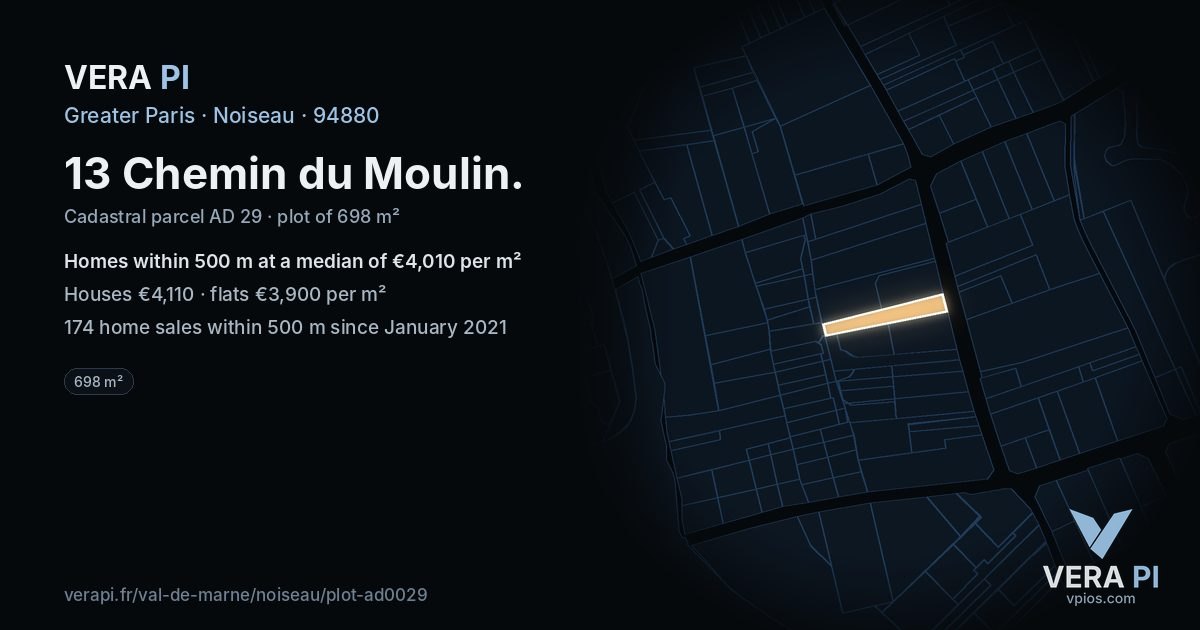 13 Chemin du Moulin, Noiseau at night – the plot lit, the parcels around coloured by the prices near them