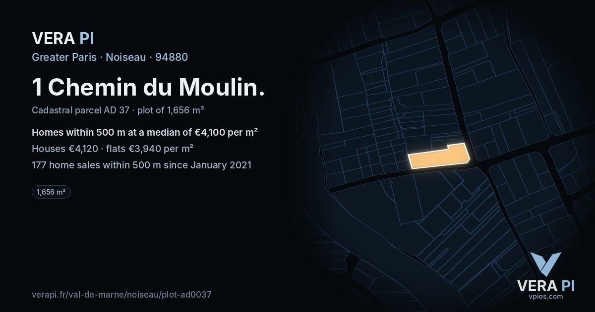 1 Chemin du Moulin, Noiseau at night – the plot lit, the parcels around coloured by the prices near them