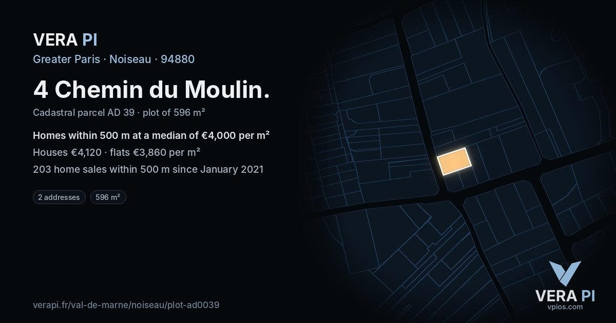 4 Chemin du Moulin, Noiseau at night – the plot lit, the parcels around coloured by the prices near them