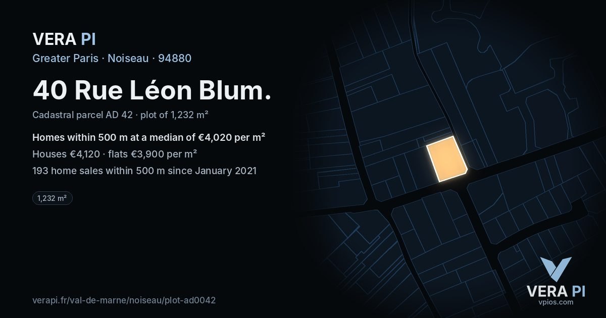 40 Rue Léon Blum, Noiseau at night – the plot lit, the parcels around coloured by the prices near them