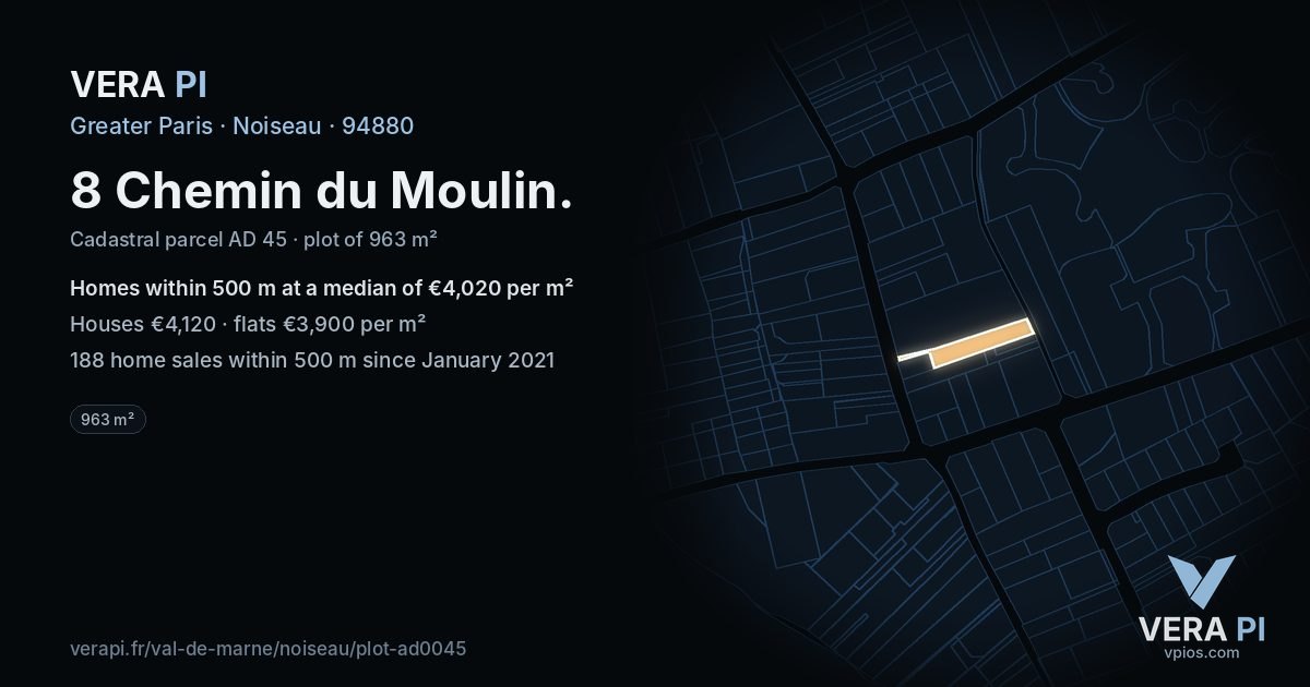 8 Chemin du Moulin, Noiseau at night – the plot lit, the parcels around coloured by the prices near them