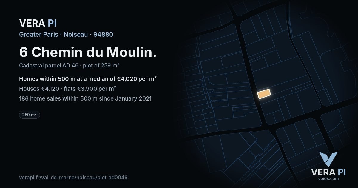 6 Chemin du Moulin, Noiseau at night – the plot lit, the parcels around coloured by the prices near them
