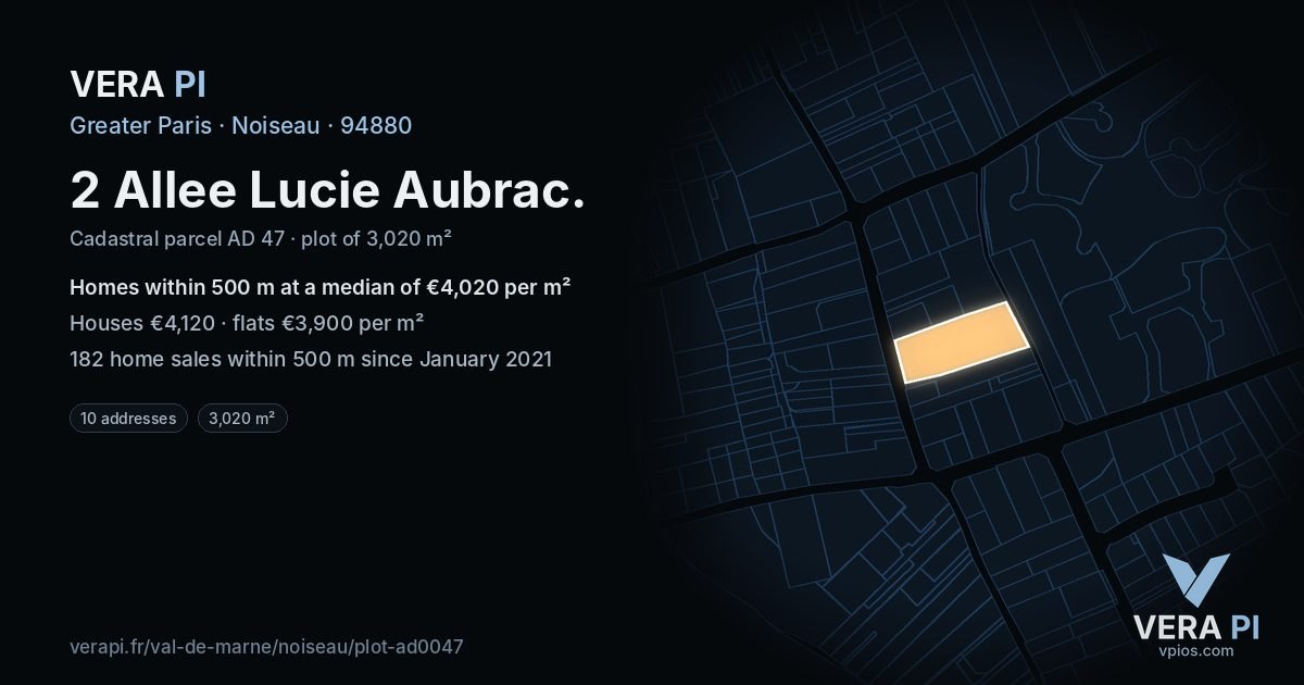 2 Allee Lucie Aubrac, Noiseau at night – the plot lit, the parcels around coloured by the prices near them