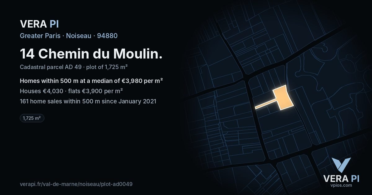 14 Chemin du Moulin, Noiseau at night – the plot lit, the parcels around coloured by the prices near them