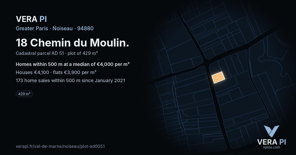 18 Chemin du Moulin, Noiseau at night – the plot lit, the parcels around coloured by the prices near them