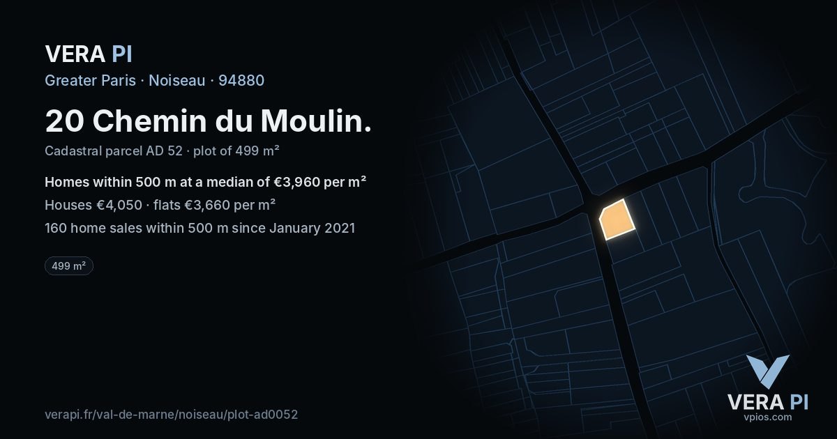 20 Chemin du Moulin, Noiseau at night – the plot lit, the parcels around coloured by the prices near them