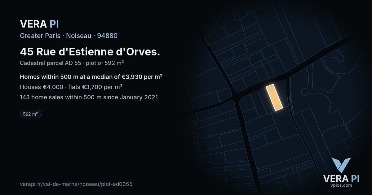 45 Rue d'Estienne d'Orves, Noiseau at night – the plot lit, the parcels around coloured by the prices near them