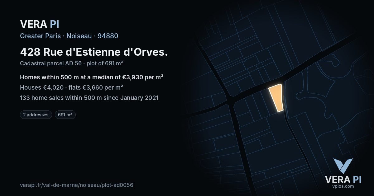 428 Rue d'Estienne d'Orves, Noiseau at night – the plot lit, the parcels around coloured by the prices near them