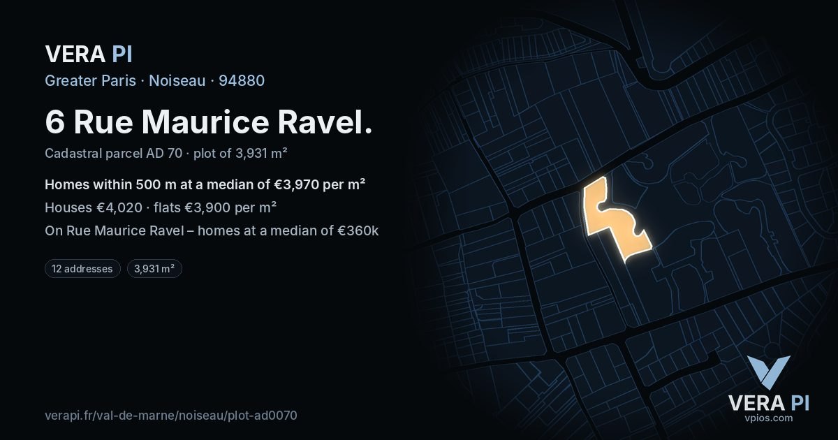6 Rue Maurice Ravel, Noiseau at night – the plot lit, the parcels around coloured by the prices near them