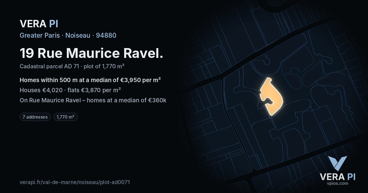 19 Rue Maurice Ravel, Noiseau at night – the plot lit, the parcels around coloured by the prices near them