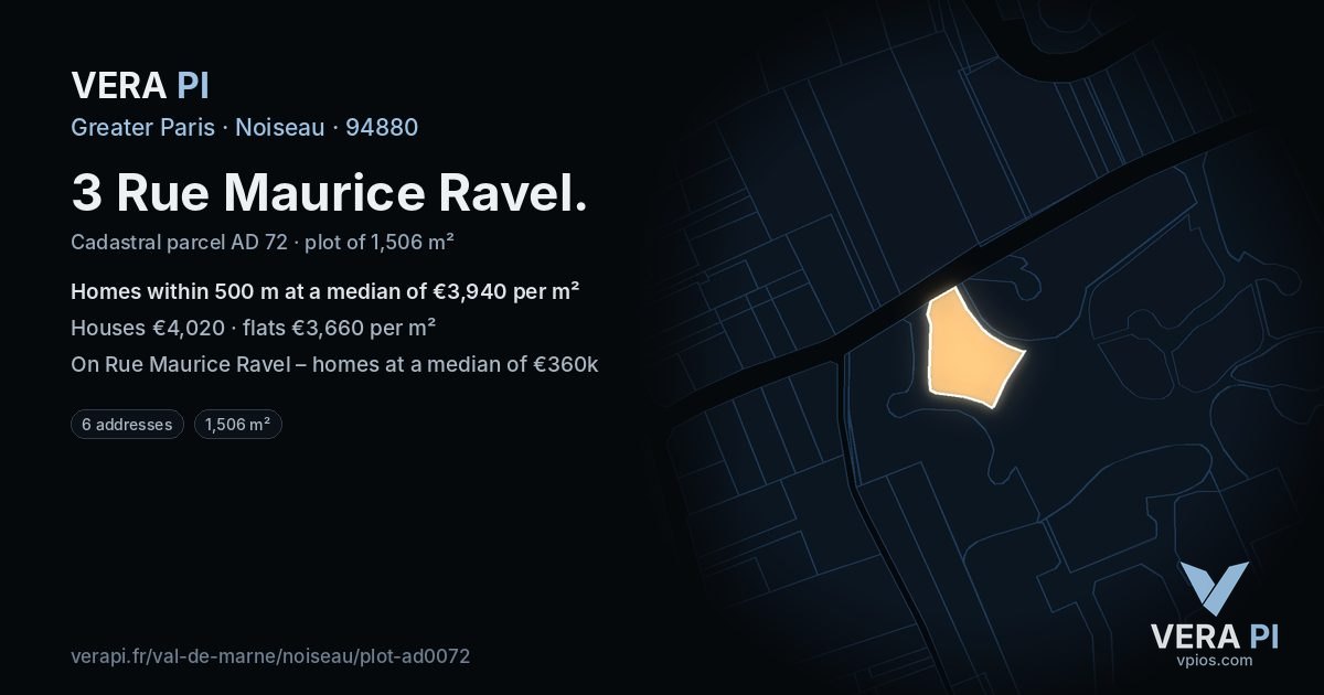 3 Rue Maurice Ravel, Noiseau at night – the plot lit, the parcels around coloured by the prices near them