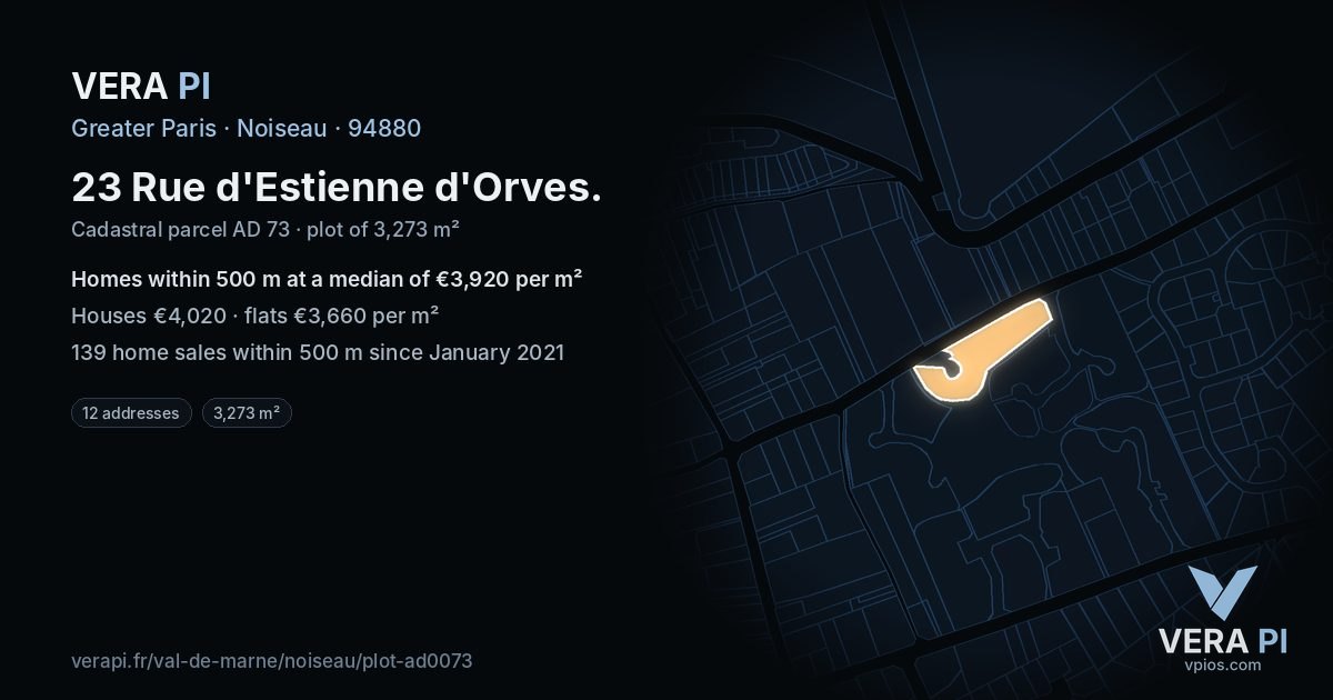 23 Rue d'Estienne d'Orves, Noiseau at night – the plot lit, the parcels around coloured by the prices near them