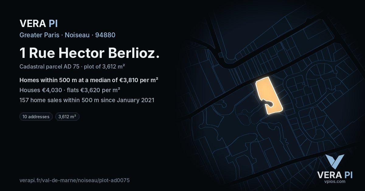 1 Rue Hector Berlioz, Noiseau at night – the plot lit, the parcels around coloured by the prices near them