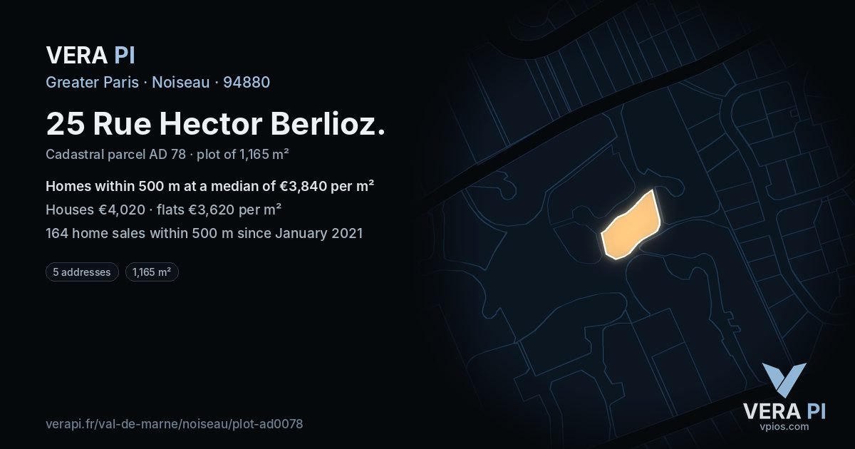 25 Rue Hector Berlioz, Noiseau at night – the plot lit, the parcels around coloured by the prices near them