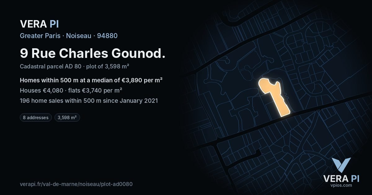 9 Rue Charles Gounod, Noiseau at night – the plot lit, the parcels around coloured by the prices near them