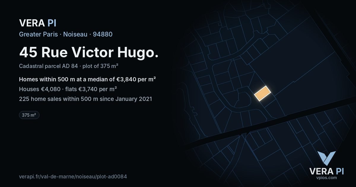 45 Rue Victor Hugo, Noiseau at night – the plot lit, the parcels around coloured by the prices near them