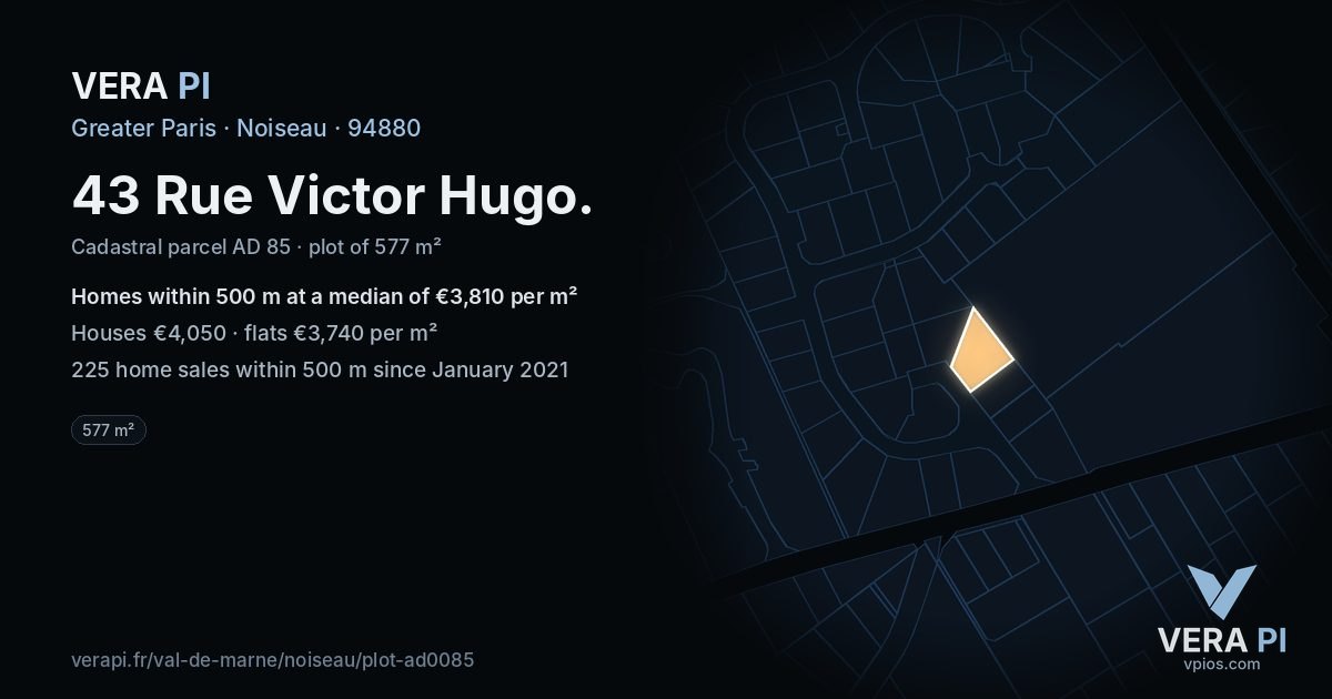 43 Rue Victor Hugo, Noiseau at night – the plot lit, the parcels around coloured by the prices near them