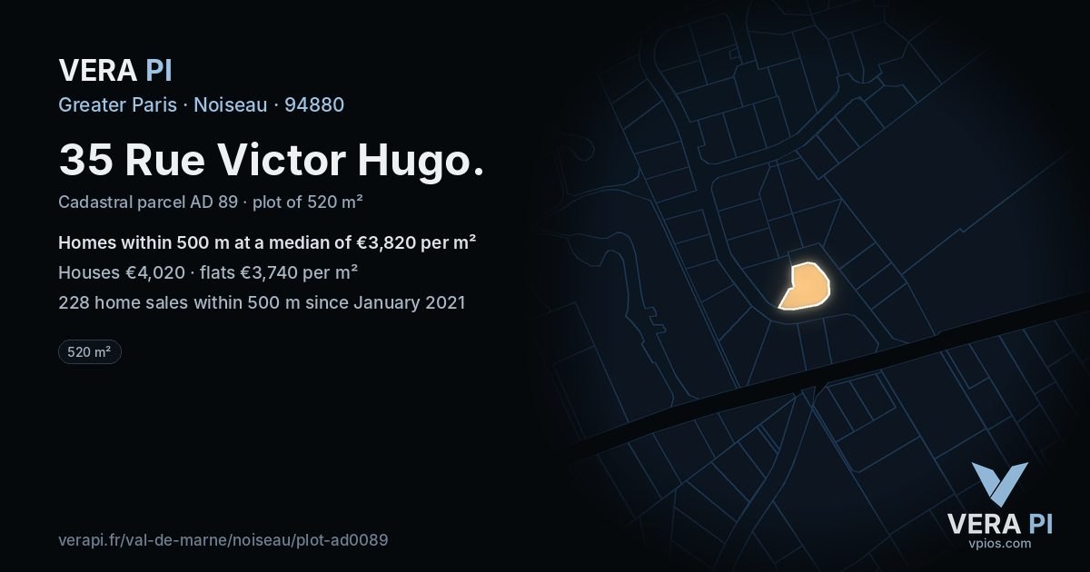 35 Rue Victor Hugo, Noiseau at night – the plot lit, the parcels around coloured by the prices near them