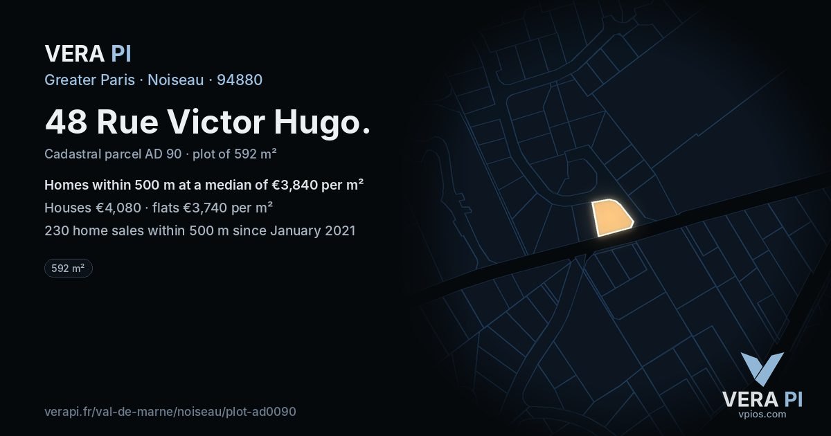 48 Rue Victor Hugo, Noiseau at night – the plot lit, the parcels around coloured by the prices near them