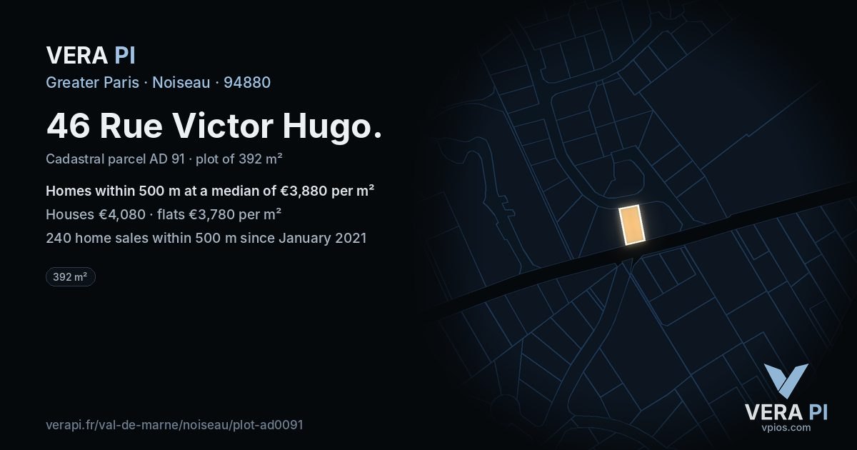 46 Rue Victor Hugo, Noiseau at night – the plot lit, the parcels around coloured by the prices near them
