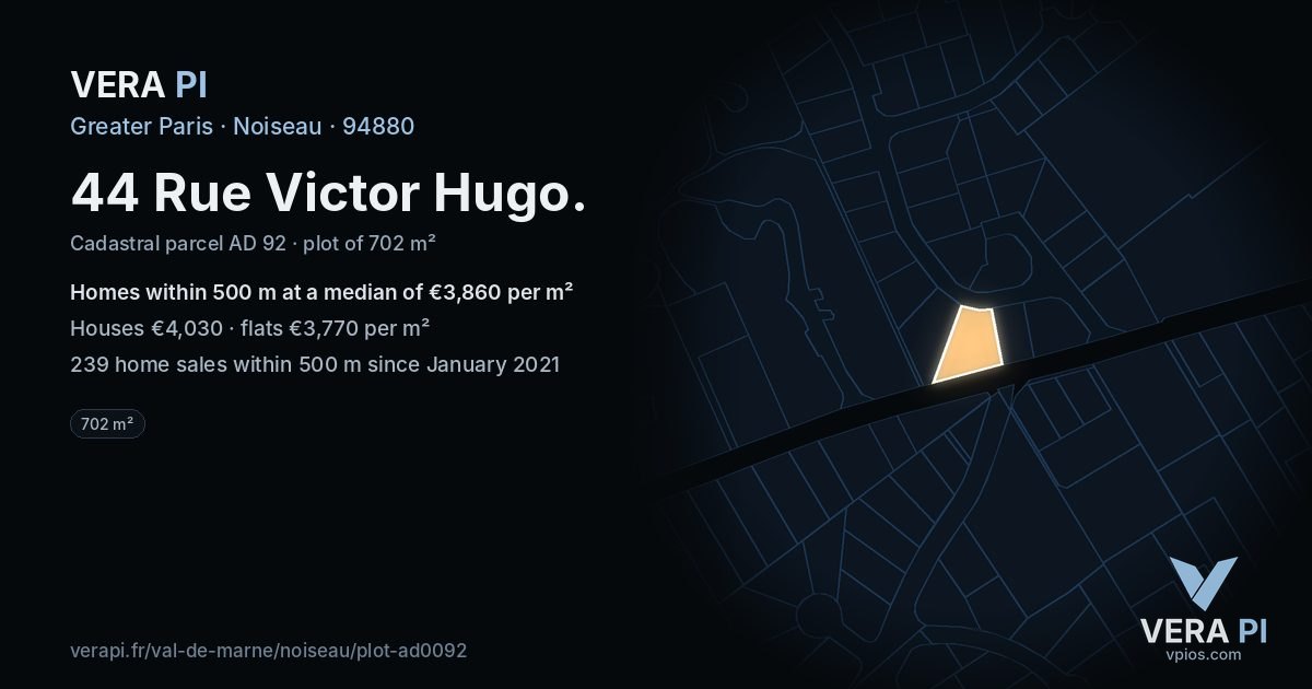 44 Rue Victor Hugo, Noiseau at night – the plot lit, the parcels around coloured by the prices near them