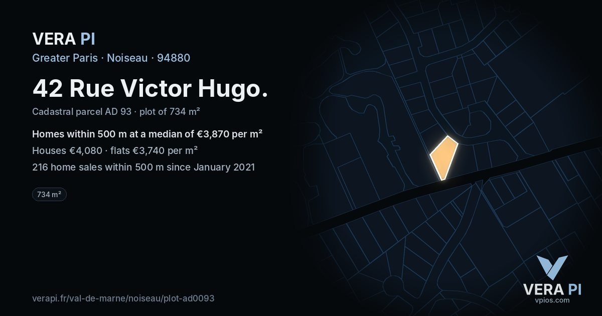42 Rue Victor Hugo, Noiseau at night – the plot lit, the parcels around coloured by the prices near them