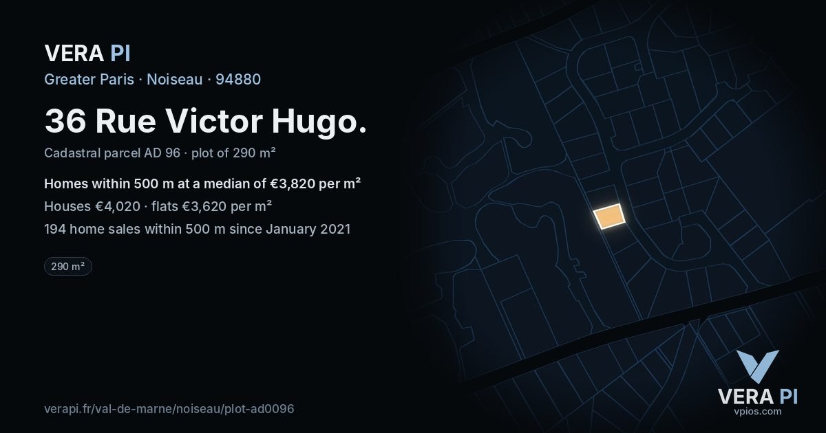 36 Rue Victor Hugo, Noiseau at night – the plot lit, the parcels around coloured by the prices near them